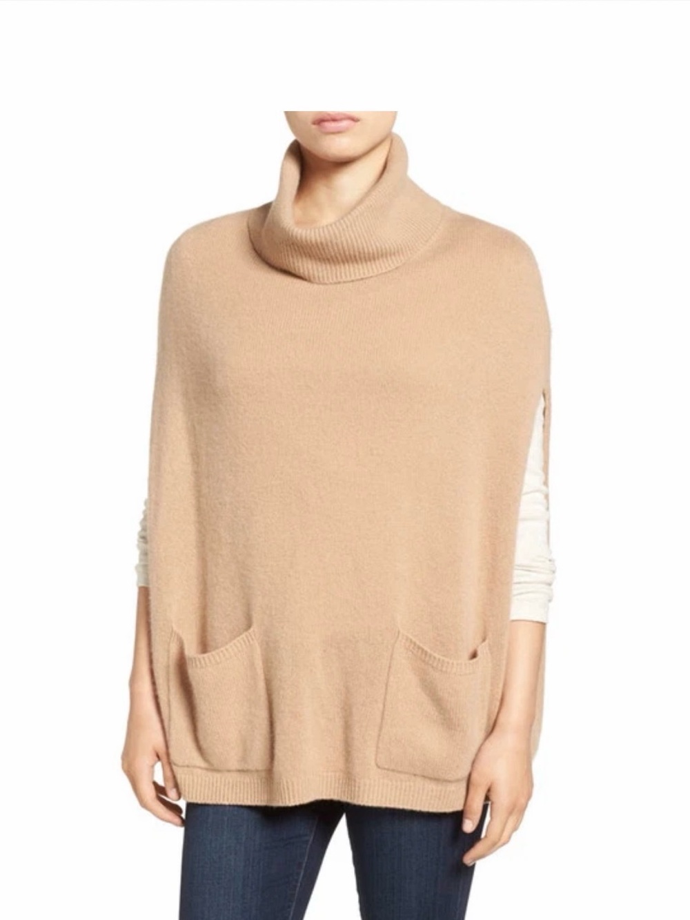 Halogen 100 % cashmere Camel Turtleneck Pocket Poncho one size